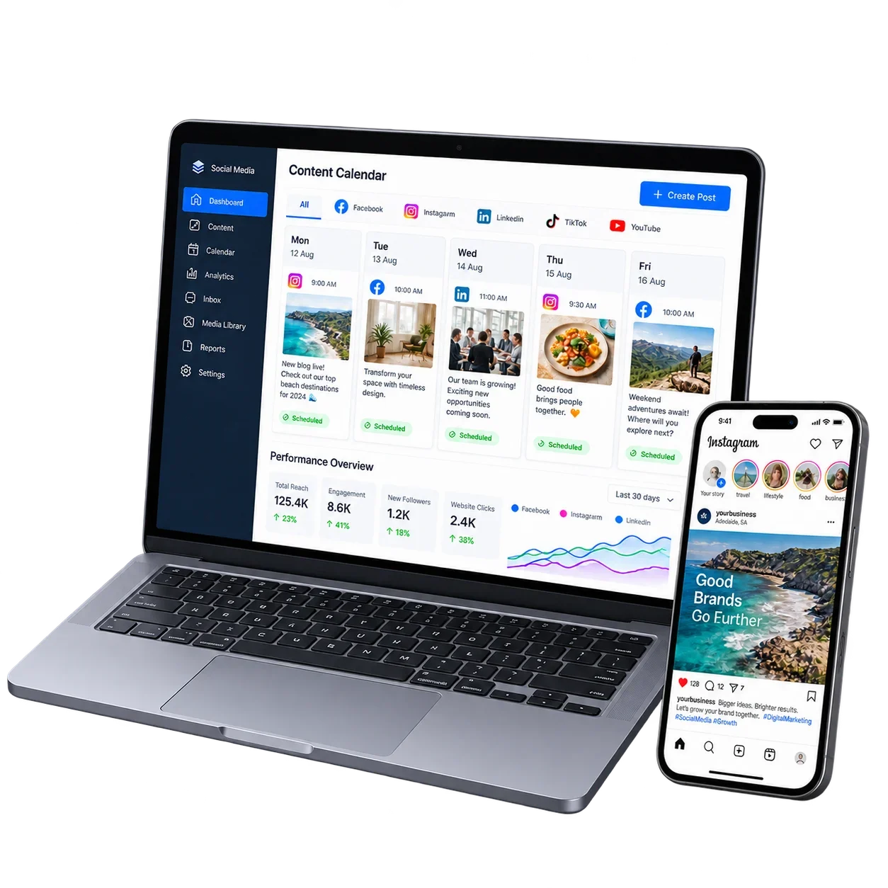 Laptop and smartphone displaying a content calendar management dashboard with social media posts and analytics