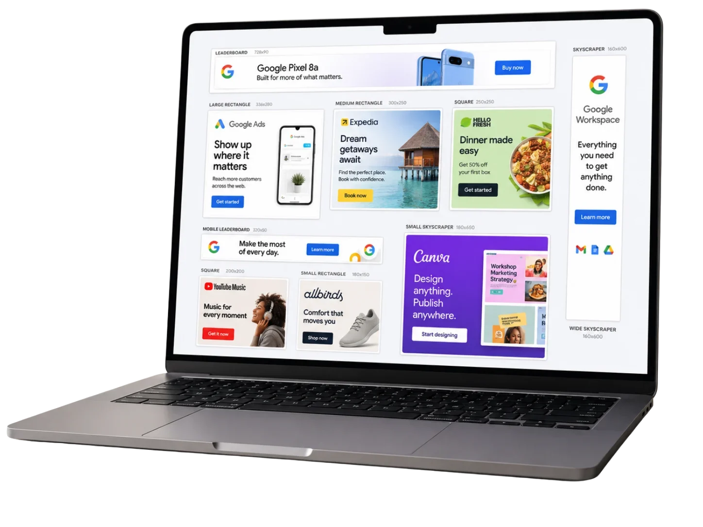 Laptop displaying Google Pixel AI website with product images, promotional banners, and design templates on screen