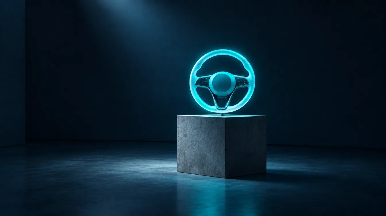 A glowing cyan steering wheel on a concrete plinth in a dark navy gallery, as if an invisible autopilot is driving, representing Google Ads automation in 2026