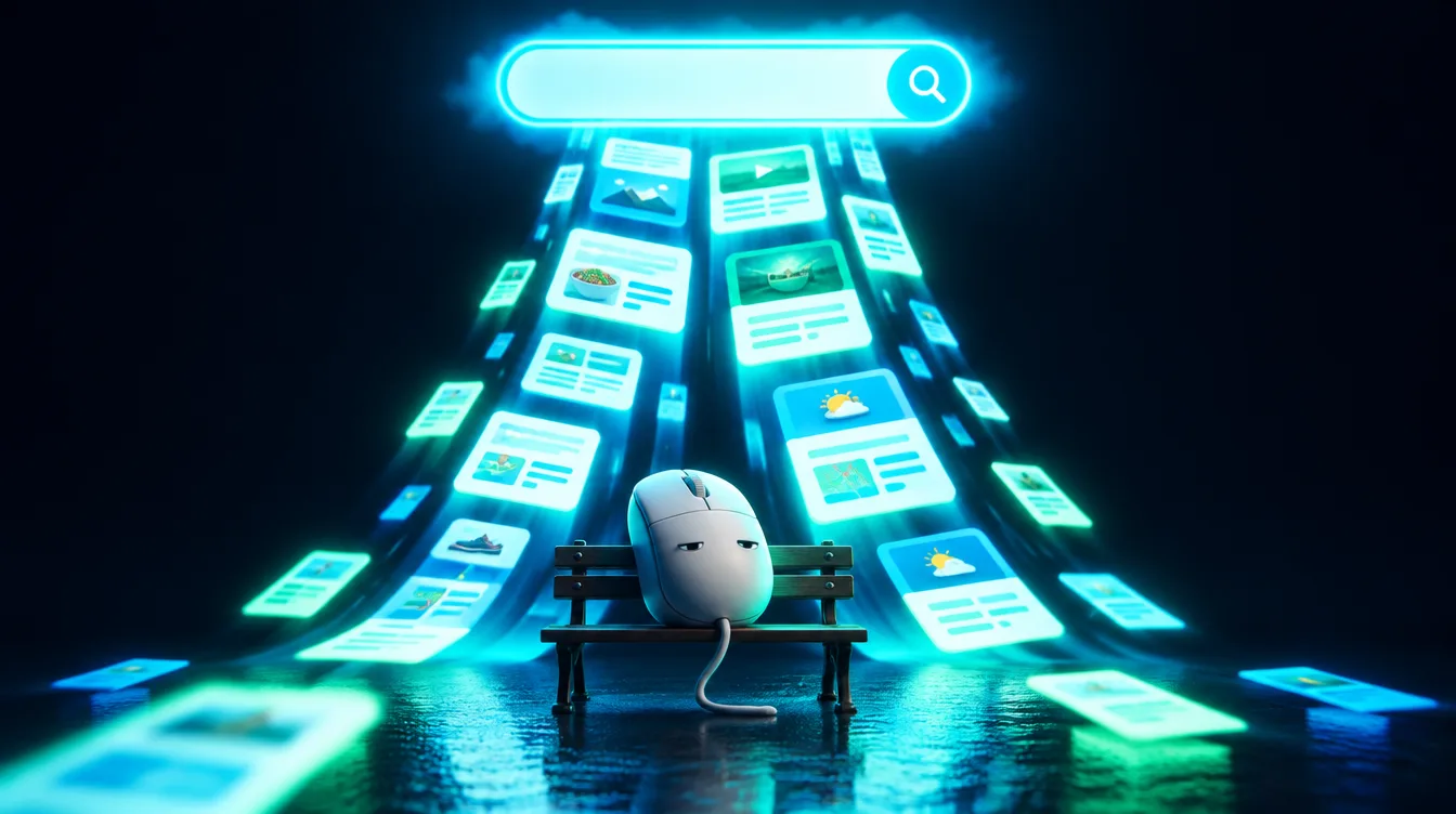 A bored computer mouse sits alone on a park bench while a glowing search bar pours answer cards past it, illustrating zero-click search