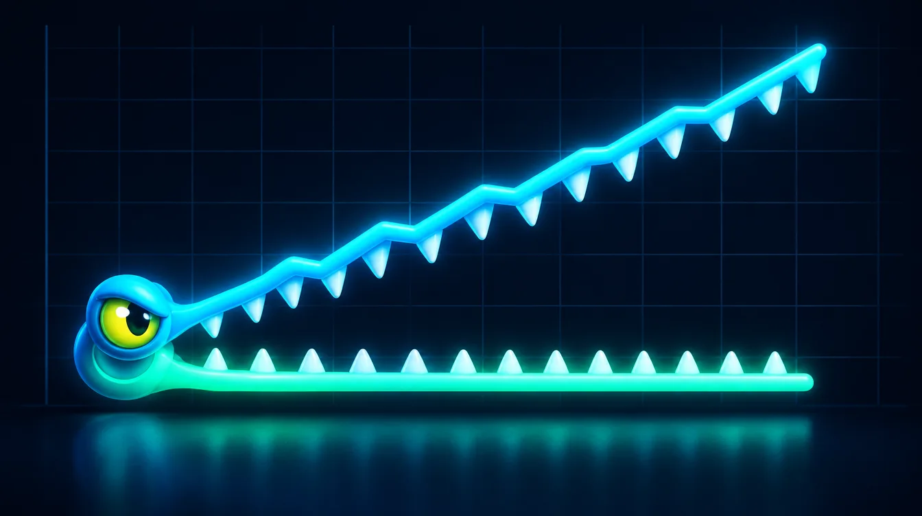 A glowing line chart shaped like an open crocodile mouth, with impressions climbing while clicks stay flat