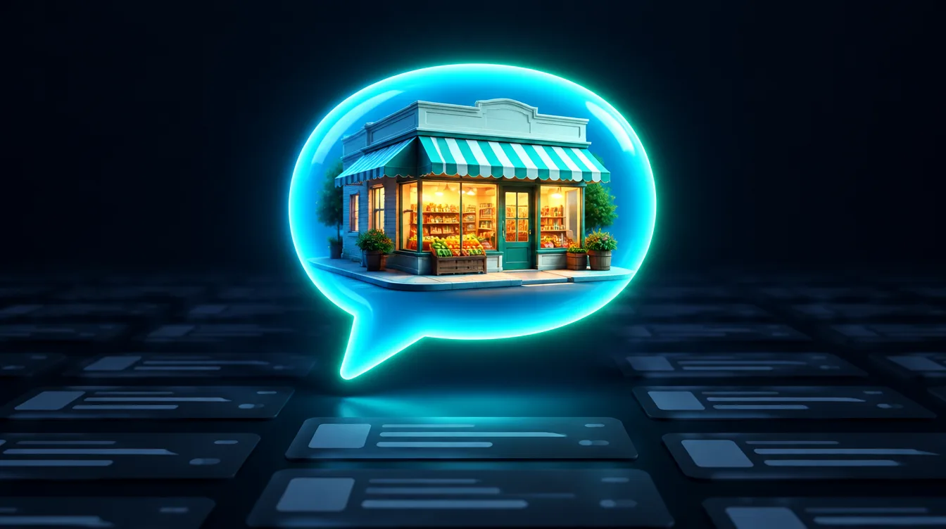 A small local shopfront sitting inside a glowing AI chat speech bubble, showing a business becoming the answer