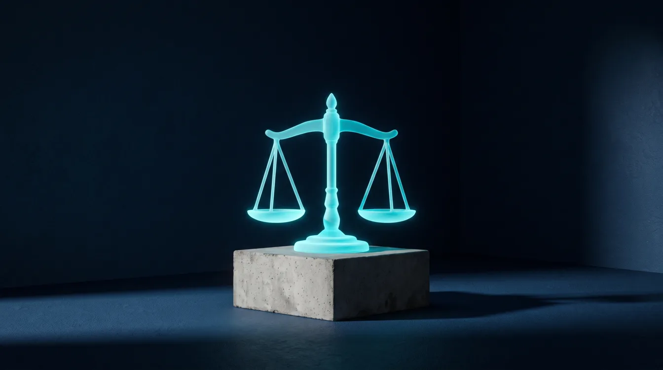 A glowing cyan balance scales sculpture on a concrete plinth in a dark navy gallery, representing the choice between SEO and Google Ads.