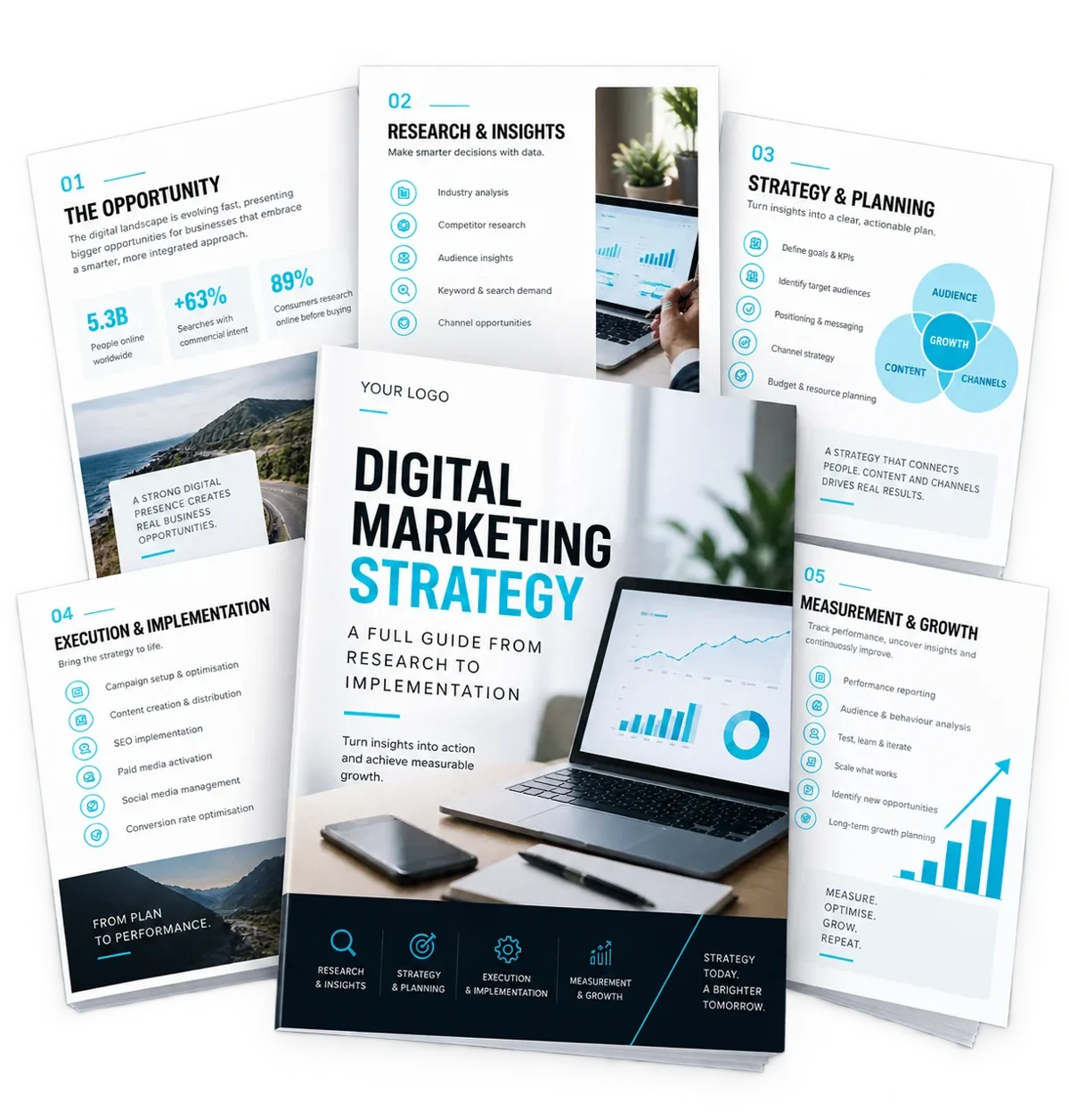 Digital marketing strategy guide pages fanned out showing sections on research, strategy planning, execution, and measurement with charts and graphs
