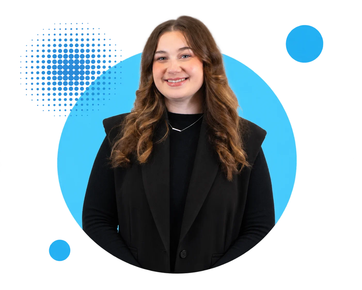 Smiling Digital Marketing Adelaide team member with long wavy brown hair wearing a black blazer
