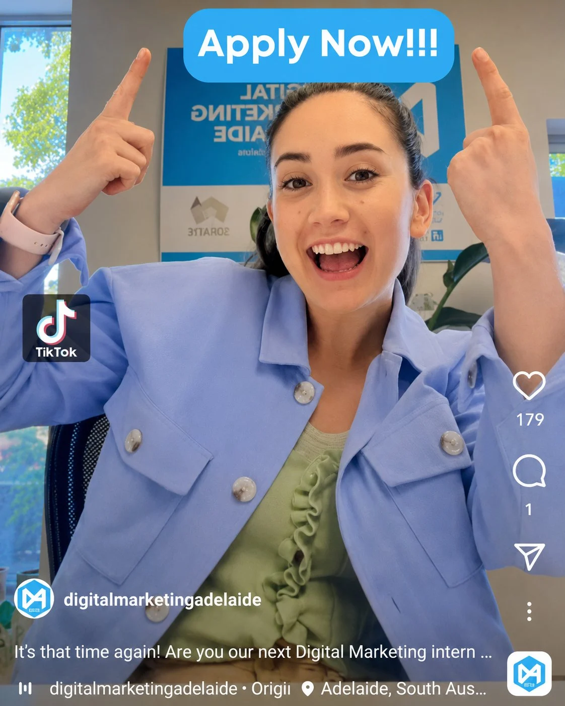 Excited woman in blue blazer pointing upward at Apply Now message for Digital Marketing internship recruitment post