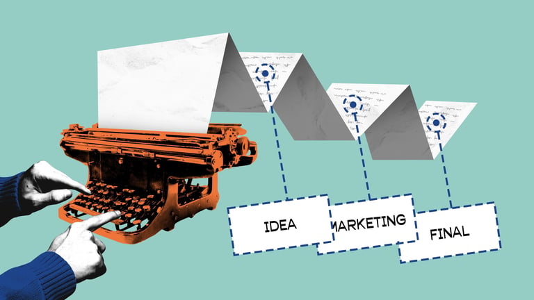 Hands on a typewriter with folded paper unfolding through idea, marketing and final stages, illustrating the process of writing content.