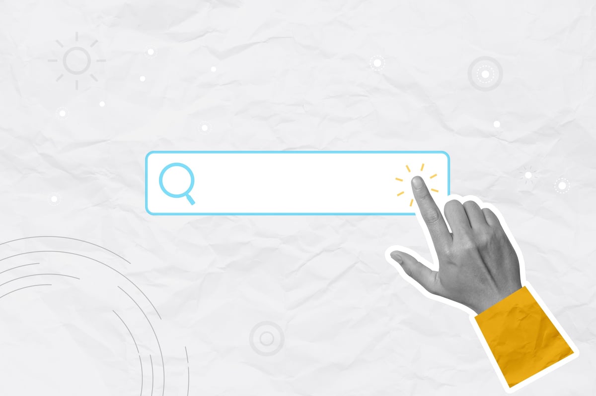 A hand touching a search bar icon on a minimal abstract background, representing the online search where SEO and Google Ads compete for attention.