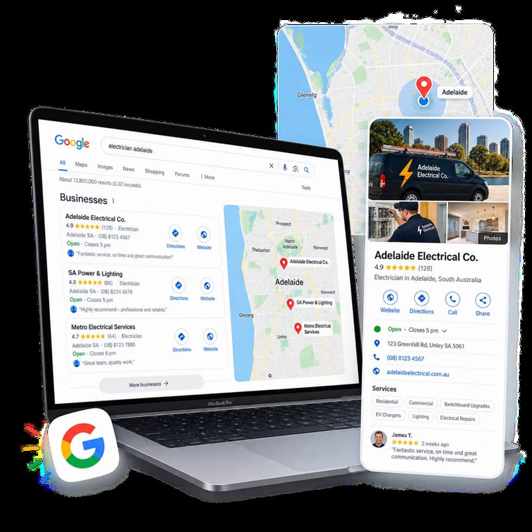 Google search for 'electrician adelaide' showing the local Map Pack and a Google Business Profile, the local SEO result Digital Marketing Adelaide delivers for Adelaide businesses