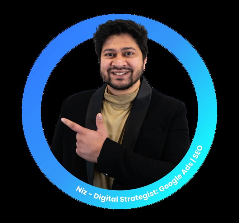 Man in black blazer and beige turtleneck smiling and pointing, circular blue gradient frame with Digital Strategist Google Ads text