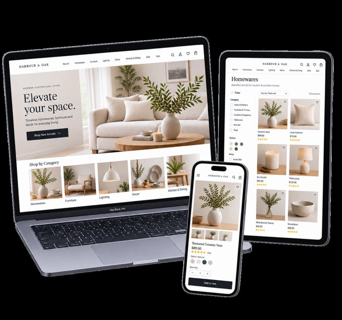 E-commerce home decor website displayed on laptop, tablet, and smartphone showing interior design products with plants and furniture