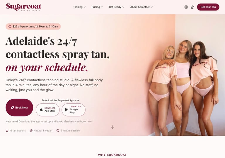 Three women in tan-colored bikinis promoting Sugarcoats 24/7 contactless spray tan service in Adelaide