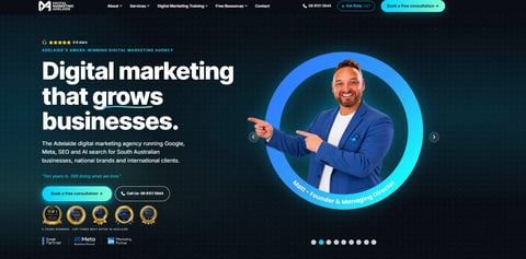 Digital marketing agency website header with professional man in blue suit pointing within circular frame on dark background