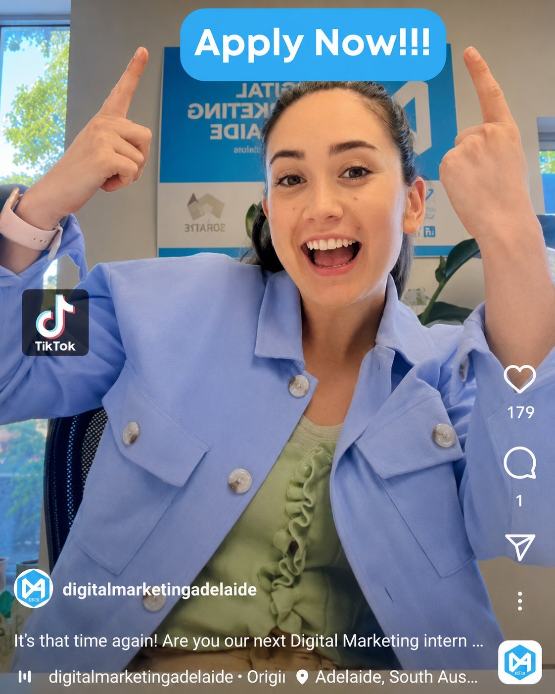 Excited woman in blue blazer pointing upward at Apply Now message for Digital Marketing internship recruitment post