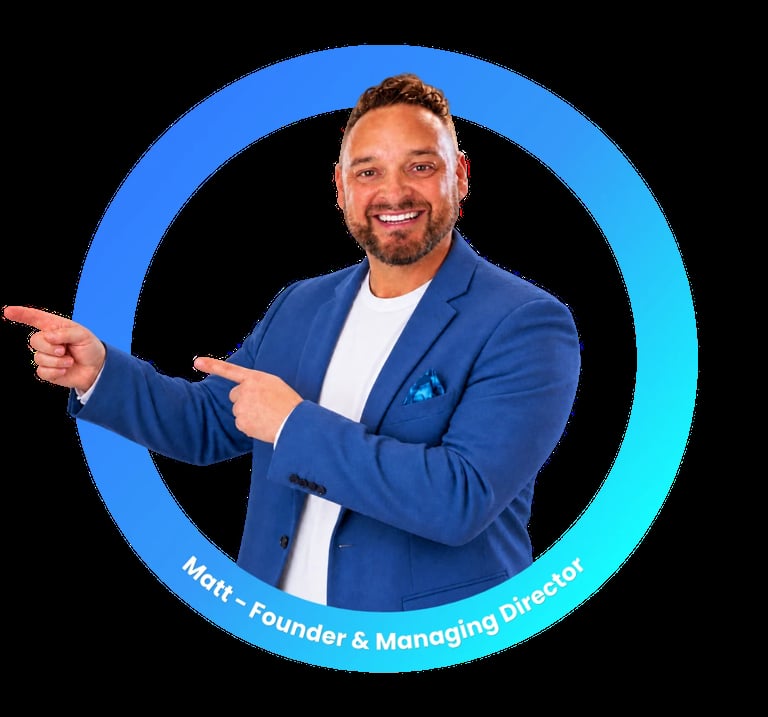 Matt, Founder and Managing Director, pointing outward while wearing a blue blazer against a blue circular frame background