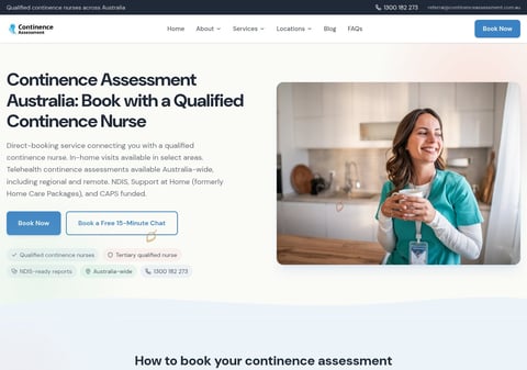 Smiling nurse in teal scrubs holding a cup in a bright home setting, promoting continence assessment services across Australia