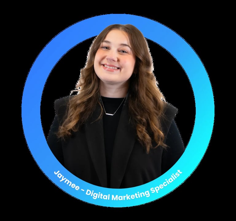 Joymee, Digital Marketing Specialist, smiling portrait photo with blue circular frame on black background