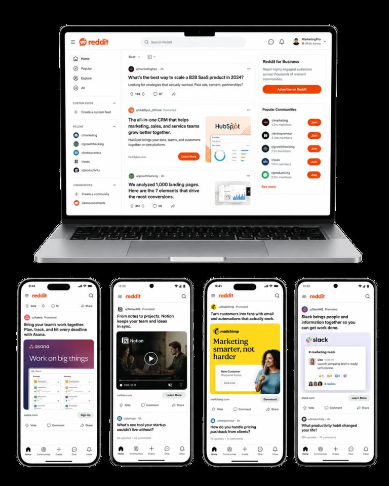 Reddit interface displayed on laptop and four mobile phones showing the community platforms desktop and mobile layouts with subreddits and posts