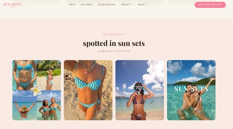 Collection of four images featuring women in colorful swimwear and sun sets enjoying beach and water activities