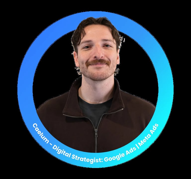Professional headshot of a man with dark hair and mustache wearing a brown jacket, circular blue badge identifying him as Google Ads Manager Digital Strategist