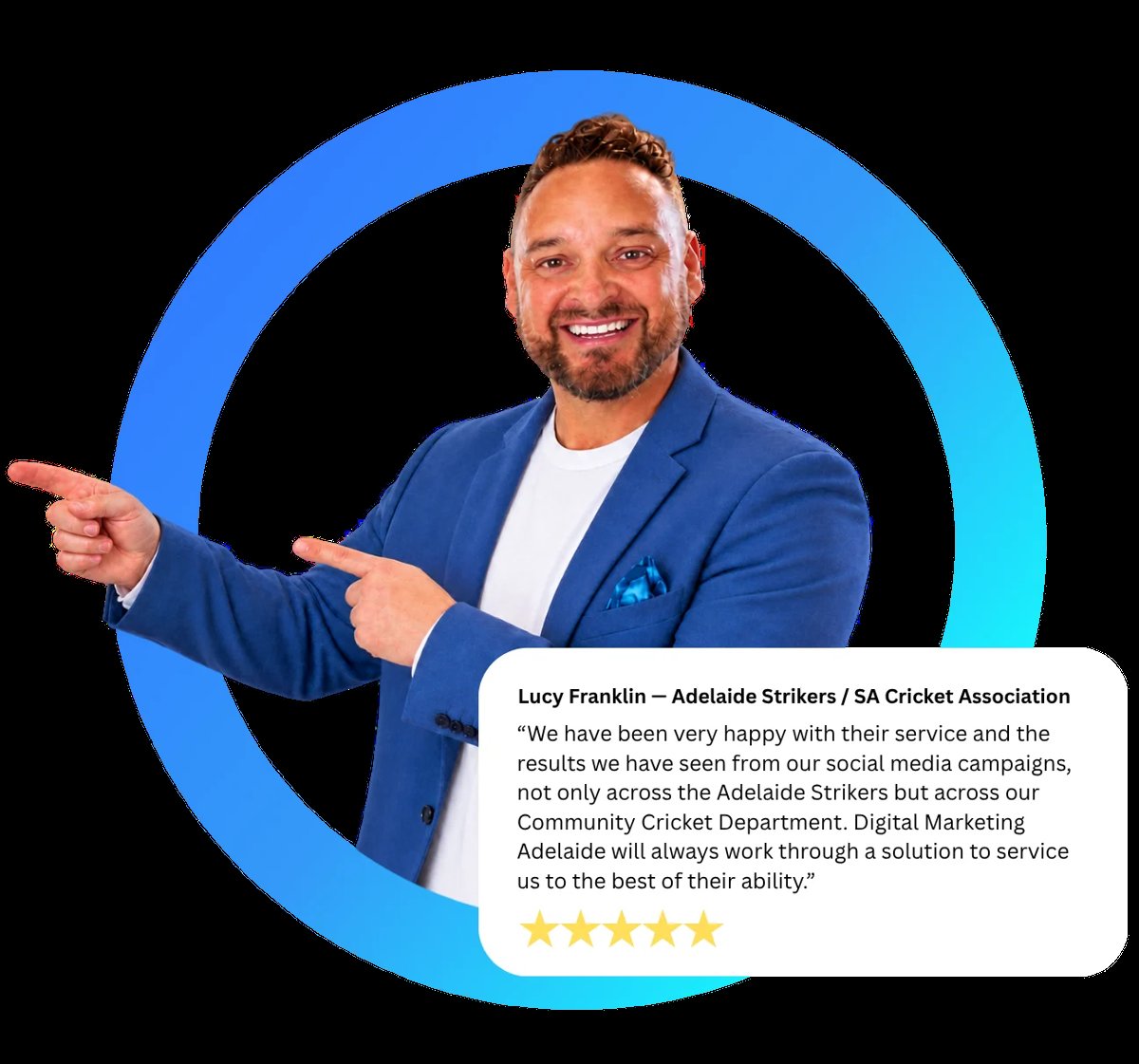 Matt Williamson, Founder and Managing Director of Digital Marketing Adelaide, in a blue blazer framed by a blue circular glow