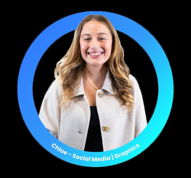 Headshot of Chloe, a social media and graphics professional, wearing a white blazer and smiling in a blue circular frame