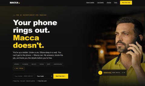 Man in yellow shirt talking on phone with text Your phone rings out. Macca doesnt on dark background