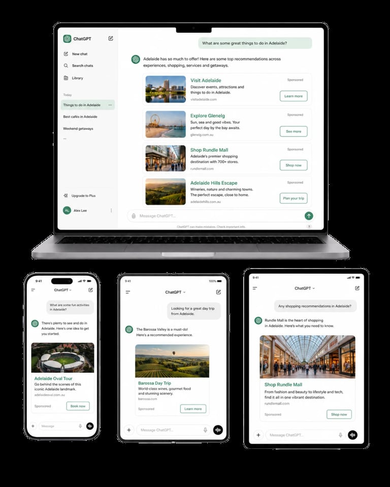 ChatGPT showing Sponsored ad cards for Adelaide businesses across a laptop and three mobile phones, an example of ChatGPT Ads inside the AI chat interface.
