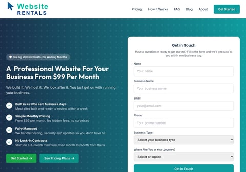 Website Rentals homepage showing professional website service pricing starting at $99/month with contact form on the right