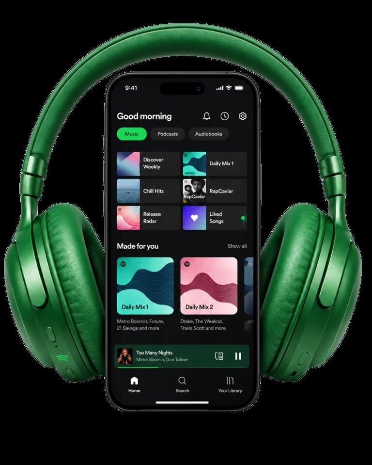 Green wireless headphones positioned on either side of a smartphone displaying a music streaming app with playlists and recommendations