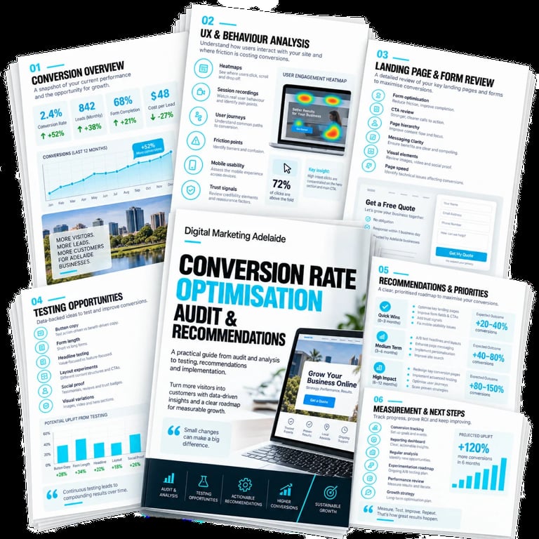 Multiple pages of a Conversion Rate Optimization Audit guide showing analytics dashboards, metrics, and recommendations for digital marketing