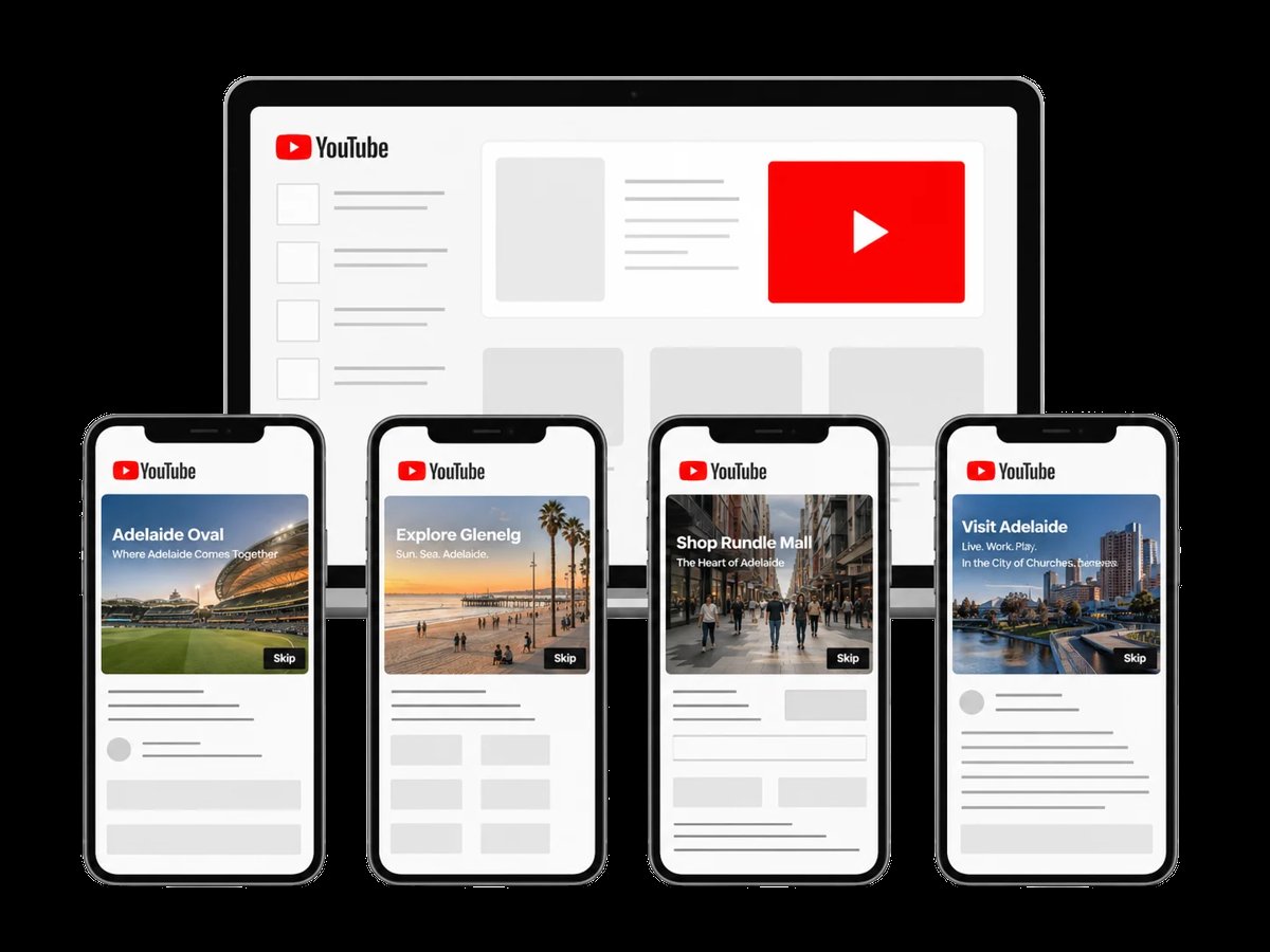 YouTube interface displayed on a desktop monitor and four mobile phones showing video thumbnails and layout templates