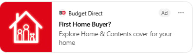 BD Budget Direct advertisement for Home and Contents insurance with white house icon on red background