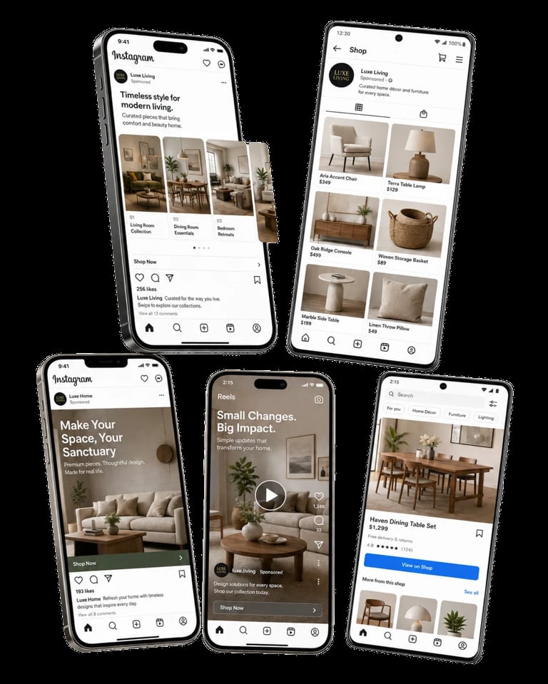 Five mobile phone screens displaying Instagram and shopping app interfaces showcasing home decor and furniture products