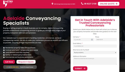 Adelaide Conveyancing Specialists website showing services and contact form for professional property conveyancing
