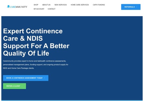 Website header for Care Community offering expert continence care and NDIS support services with booking options