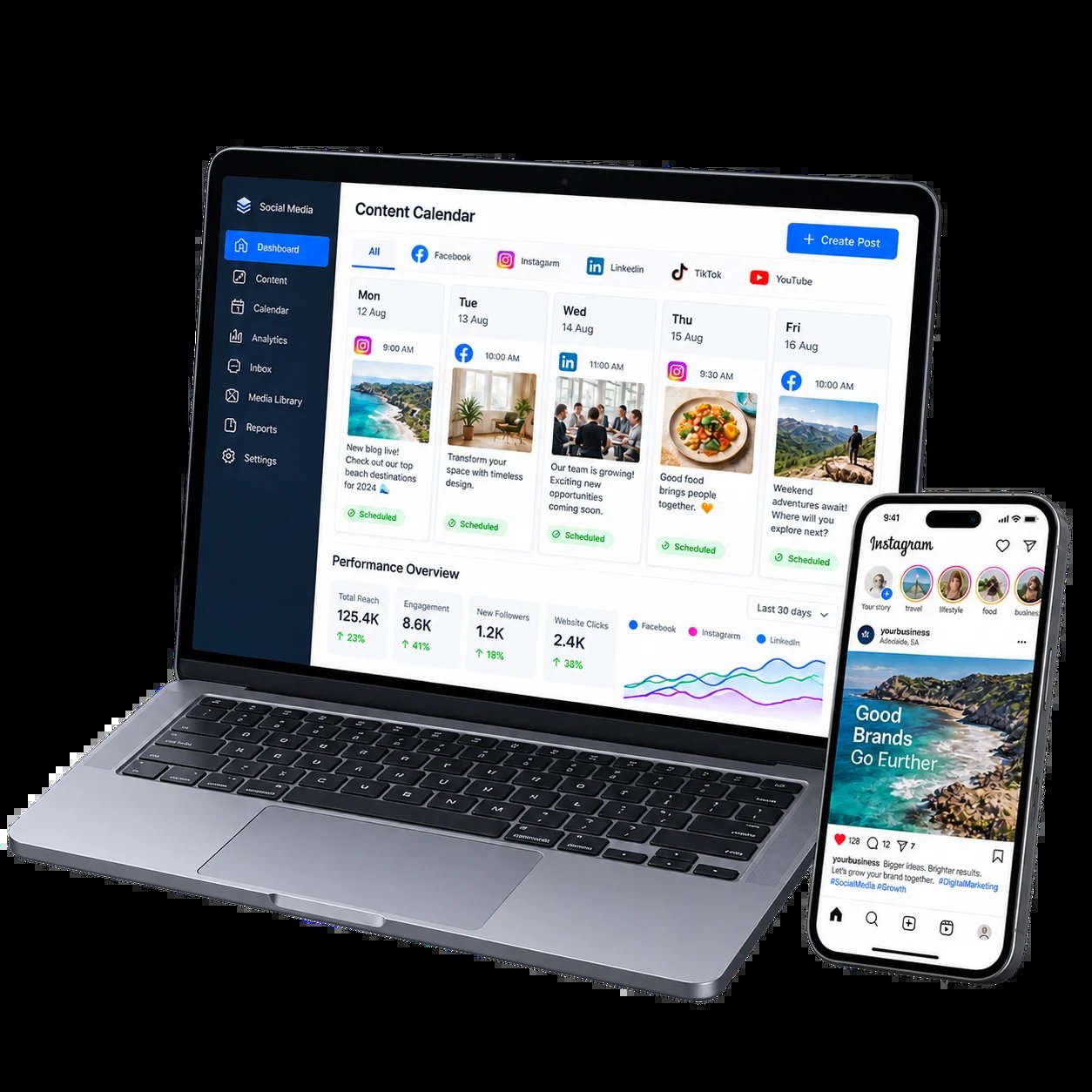 Laptop and smartphone displaying a content calendar management dashboard with social media posts and analytics