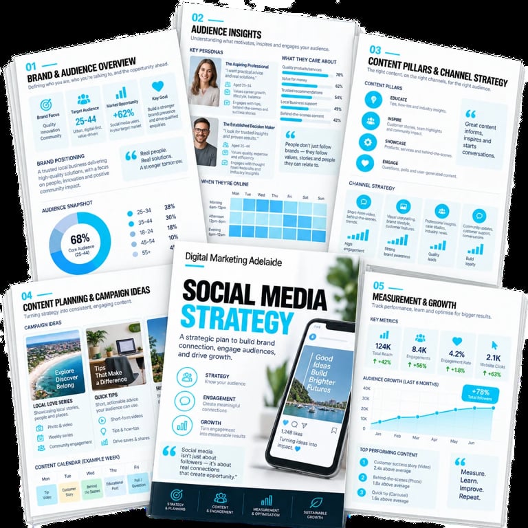 Collection of marketing and analytics documents including brand overview, audience insights, social media strategy, and performance metrics displayed with charts and data visualizations.
