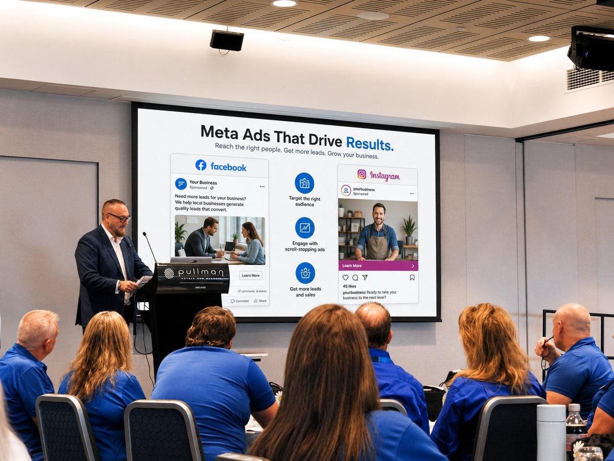 A business presenter in a dark suit explains Meta Ads strategy to an audience wearing blue shirts seated in front of a large projection screen.