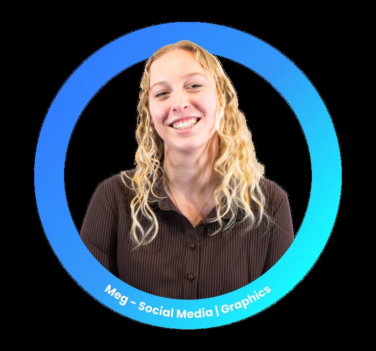 Portrait of a smiling woman with blonde wavy hair wearing a dark button-up shirt inside a blue circular frame labeled Meg Social Media Graphics