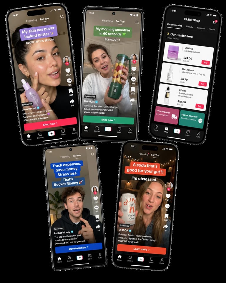 Five smartphones displaying TikTok Shop with product reviews, skincare items, and beauty products featuring user-generated content and shopping interfaces