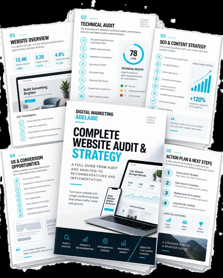 A collection of professional digital marketing audit and website strategy guide documents spread out, including website overview, technical audit, and SEO content strategy pages.