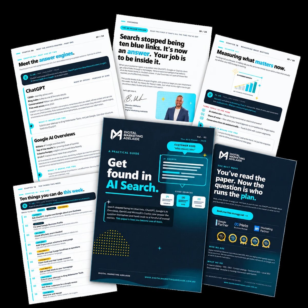 Collection of AI search marketing guide pages and resources fanned out, showing instructional content about AI search optimization and strategy