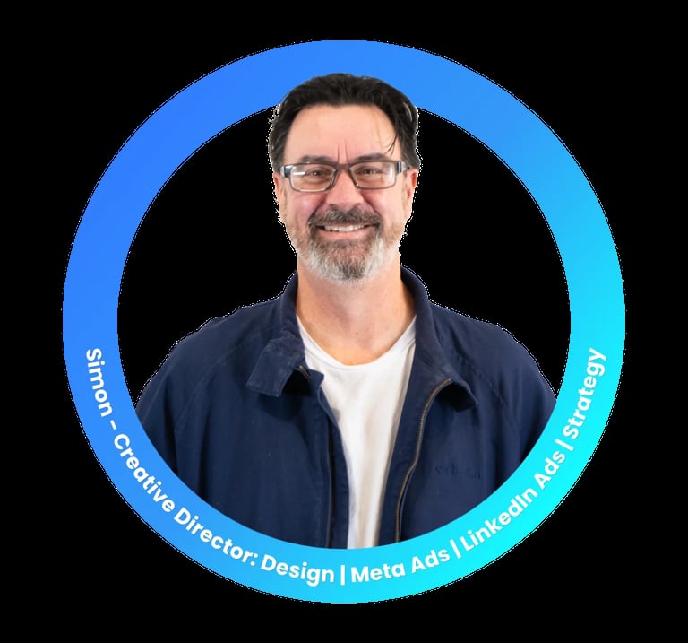 Simon, Creative Director of Design at Meta Ads, wearing glasses and dark jacket in circular blue frame portrait