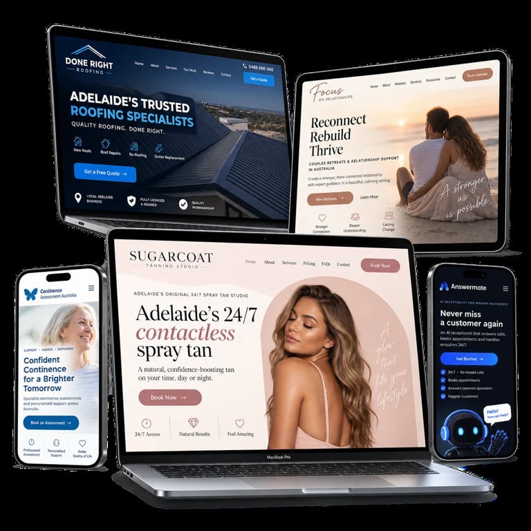 Collection of business websites displayed on tablets, laptop, and smartphones