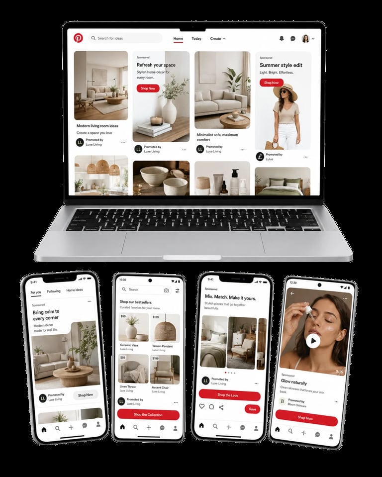 Pinterest interface displayed on laptop and mobile devices showing home decor and fashion content pins