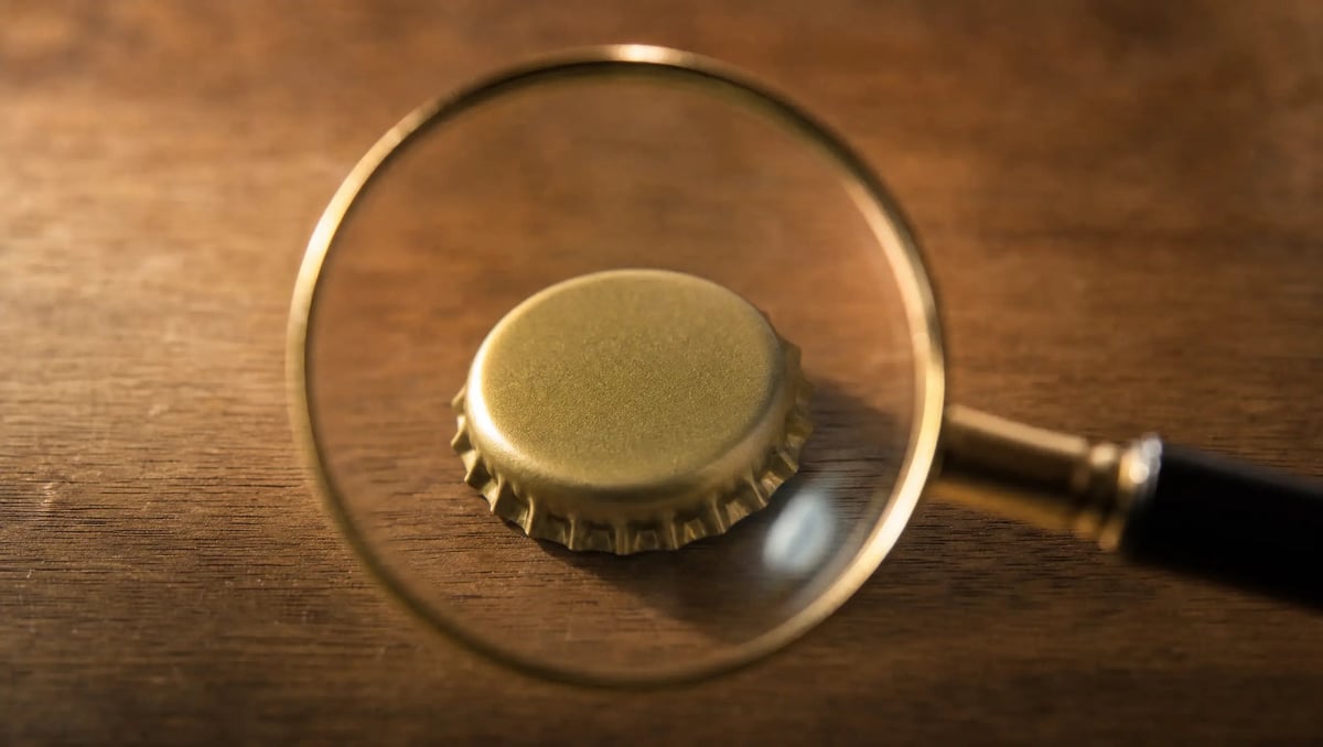 Magnifying glass with brass bottle cap under lens on wooden surface