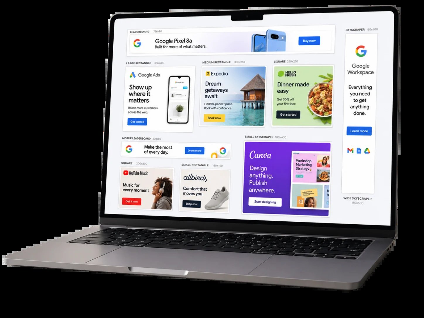 Laptop displaying Google Pixel AI website with product images, promotional banners, and design templates on screen