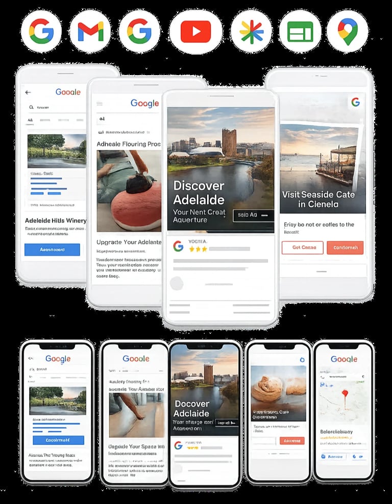 Performance Max ads shown across the Google network, Search, Gmail, YouTube, Maps and Discover, on desktop and mobile.