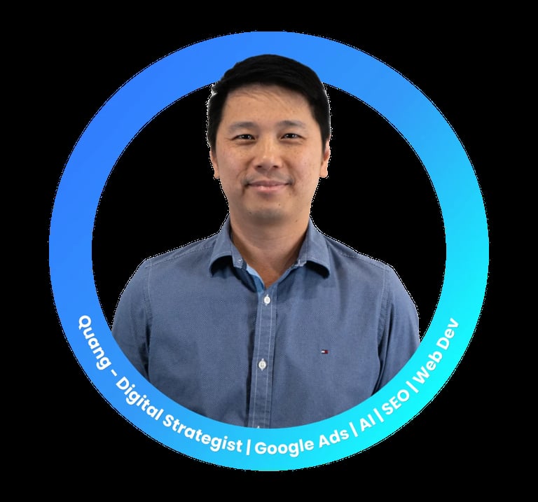 Professional headshot of an Asian man wearing a blue shirt inside a circular blue gradient frame labeled as Owner, Digital Strategist, Google Ads AI SEO Specialist